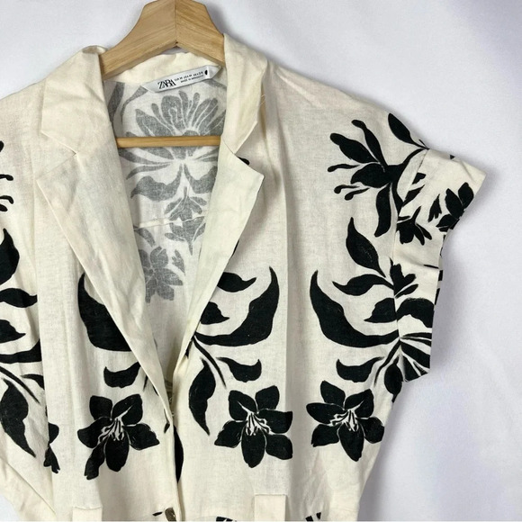Zara White & Black Lily Floral Linen Button Down Belted Mini Dress M - Picture 4 of 6
